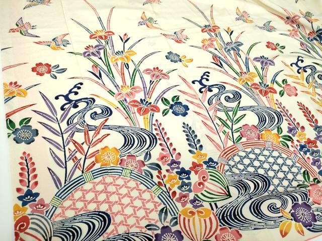 平和屋着物●豪華振袖 紅型 流水籬花鳥文 鬼しぼ縮緬 正絹 逸品 DABB4431ps