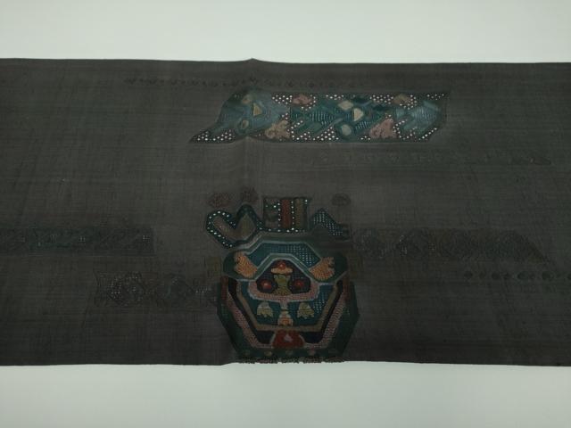 平和屋着物●中国三大刺繍 スワトウ相良刺繍 汕頭相良刺繍 総刺繍 太鼓柄袋帯 紬地 絽刺し コプト文様 正絹 逸品 DABB4509ps