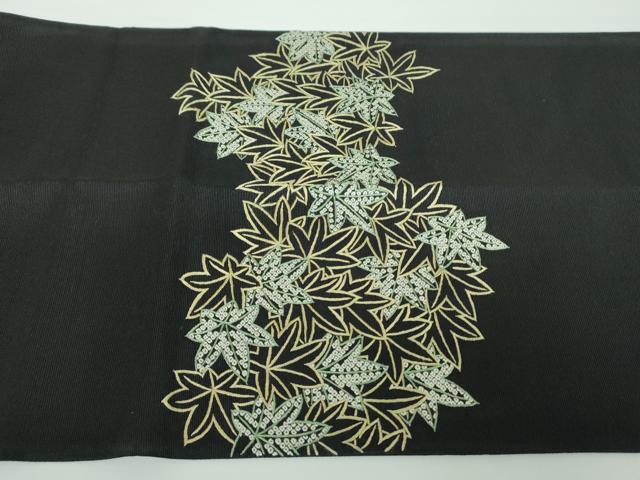 平和屋着物●太鼓柄袋帯 総刺繍 楓 黒地 正絹 逸品 DABB4612ps