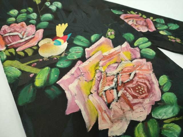 平和屋着物●アンティーク 大正ロマン 九寸名古屋帯 手刺繍 手描き 休み鳥 草花文 黒地 金銀糸 正絹 逸品 DABB4648ps