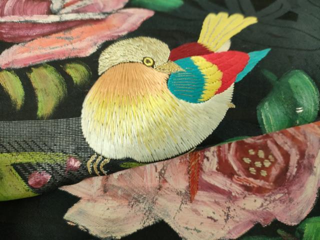 平和屋着物●アンティーク 大正ロマン 九寸名古屋帯 手刺繍 手描き 休み鳥 草花文 黒地 金銀糸 正絹 逸品 DABB4648ps