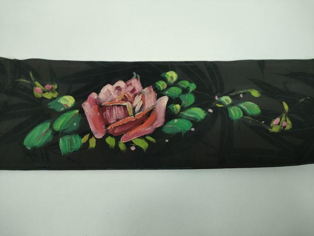 平和屋着物●アンティーク 大正ロマン 九寸名古屋帯 手刺繍 手描き 休み鳥 草花文 黒地 金銀糸 正絹 逸品 DABB4648ps