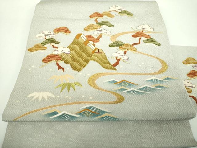平和屋着物●創業130年 江戸染繍友禅 大彦 九寸名古屋帯 刺繍 流水風景文 鬼しぼ縮緬 金銀糸 正絹 逸品 DABB4693ps