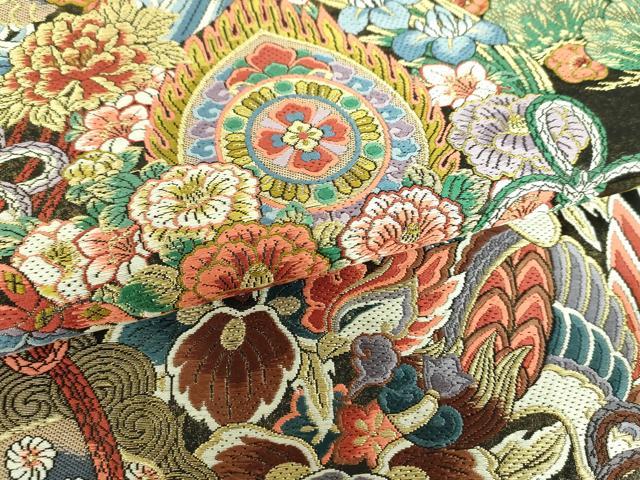 平和屋着物●老舗織元 泰生織物 六通柄袋帯 唐織 本金箔漆箔 楽器鳳凰花文 黒地 金糸 正絹 逸品 未使用 DABB4777ps