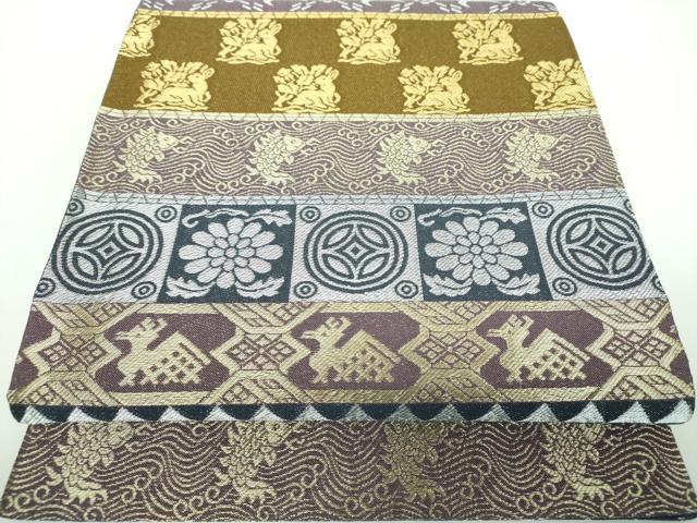 平和屋着物●両面 六通柄袋帯 名物裂花文 花兎 荒磯 金銀糸 正絹 逸品 DABB4787ps