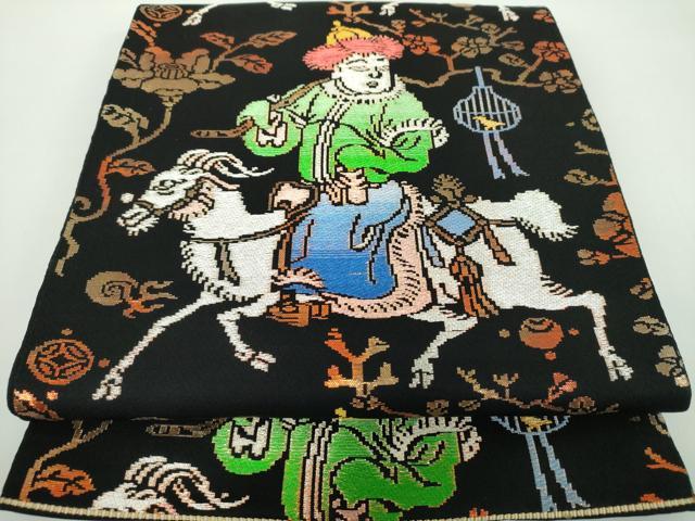 平和屋着物●六通柄 本袋帯 龍村平蔵柄 人形手錦 黒地 金銀糸 正絹 逸品 DABB4926ps