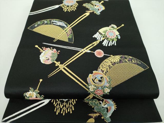 平和屋着物●西陣の老舗 1782年創業 山下織物 六通柄袋帯 唐織 若采集 黒地 金銀糸 正絹 逸品 DABB4951ps