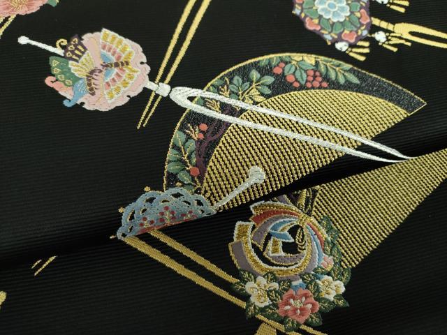 平和屋着物●西陣の老舗 1782年創業 山下織物 六通柄袋帯 唐織 若采集 黒地 金銀糸 正絹 逸品 DABB4951ps