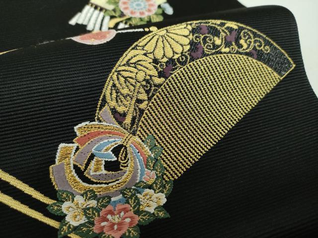 平和屋着物●西陣の老舗 1782年創業 山下織物 六通柄袋帯 唐織 若采集 黒地 金銀糸 正絹 逸品 DABB4951ps