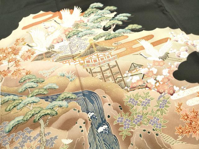 平和屋着物■豪華黒留袖 駒刺繍 渡橋飛鶴風景文 金彩 正絹 逸品 DABB5067qa