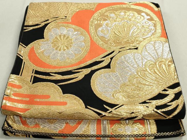 平和屋着物●六通柄袋帯　舞桜文　黒地　金銀糸　正絹　逸品　DABD2061du 平和屋着物◎六通柄袋帯 夢舞錦 立波片輪車花