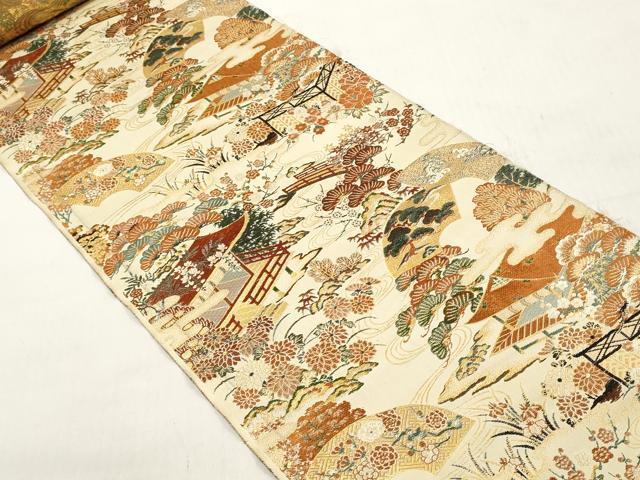 平和屋着物▼アンティーク 大正ロマン 名古屋帯 解き帯反物 風景花松文 金糸 逸品 DABB6477we