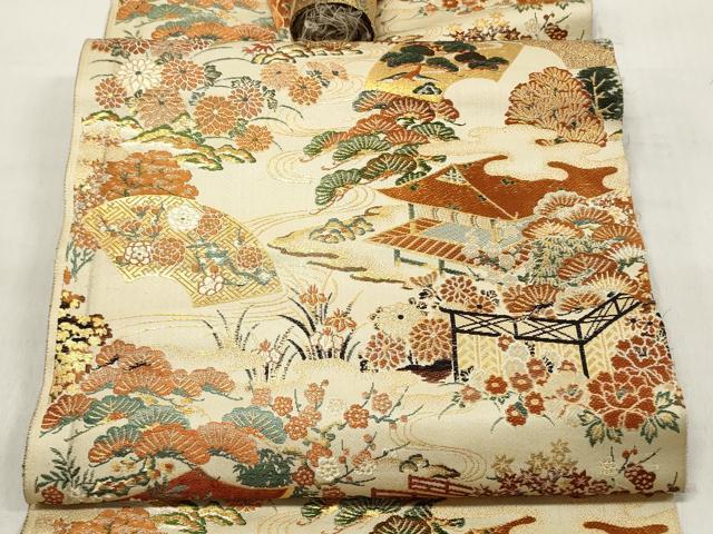 平和屋着物▼アンティーク 大正ロマン 名古屋帯 解き帯反物 風景花松文 金糸 逸品 DABB6477we
