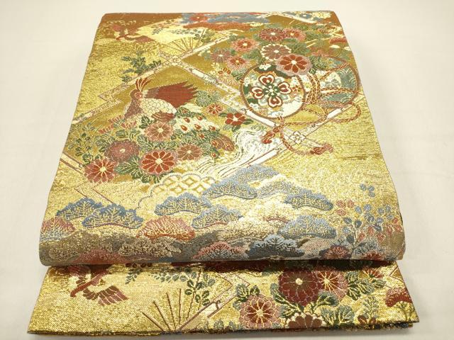 平和屋着物◎六通柄袋帯 三条宝物 器物花鳥松文 金糸 正絹 逸品 DABB6732ea
