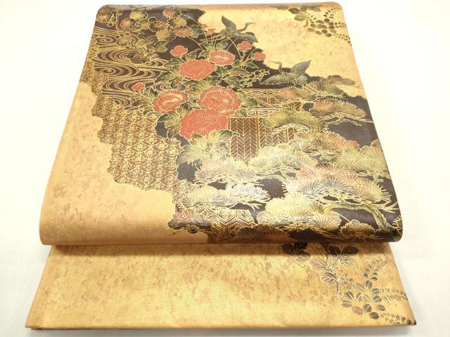 平和屋着物◎西陣 六通柄袋帯 道長飛鶴花松文 秋草文 金彩 引箔 正絹 逸品 DABB6748ea