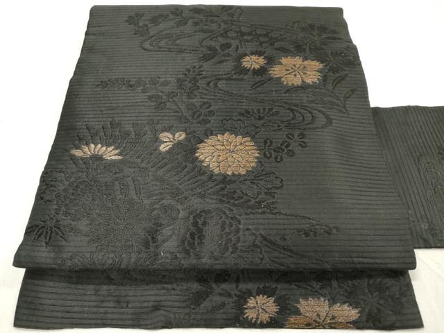 平和屋着物*夏物 九寸名古屋帯 蛇籠流水秋草文 黒地 正絹 逸品 DABB6948ea