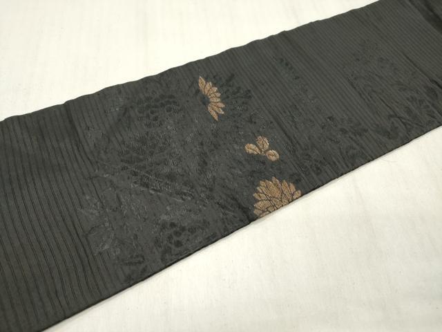 平和屋着物*夏物 九寸名古屋帯 蛇籠流水秋草文 黒地 正絹 逸品 DABB6948ea