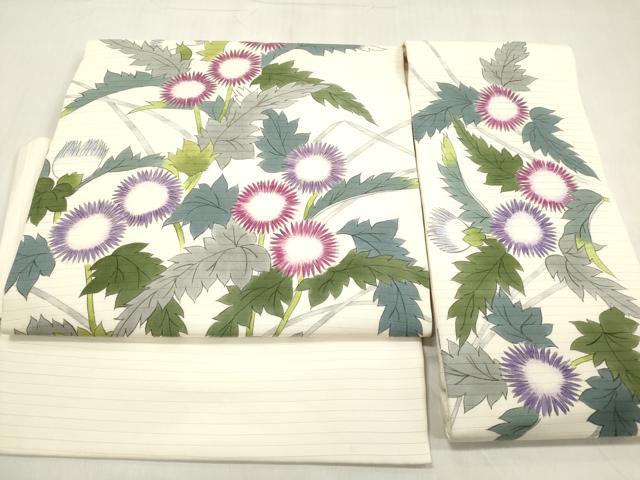 平和屋着物*夏物 絽塩瀬 つけ帯 手描き 薊 アザミ 正絹 逸品 DABB6965ea