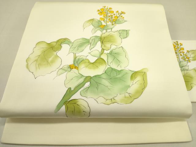 平和屋着物●塩瀬 九寸名古屋帯 手描き 草花 正絹 逸品 DABB7335op