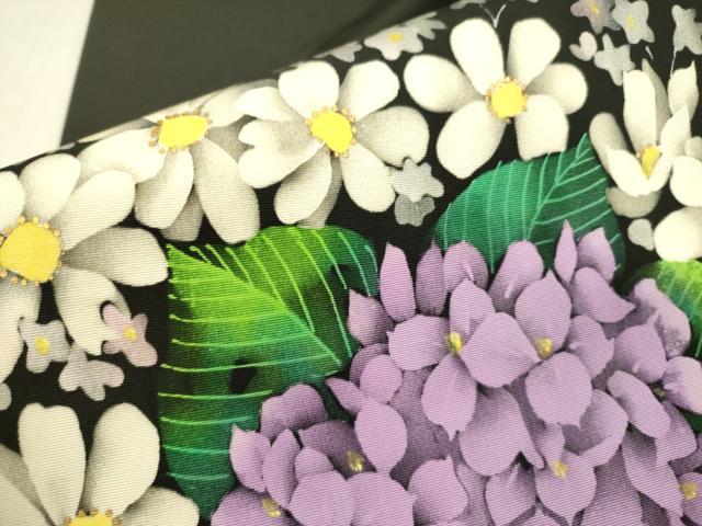 平和屋着物●塩瀬 九寸名古屋帯 紫陽花 ろうけつ染め 黒地 金彩 正絹 逸品 DABB7521op