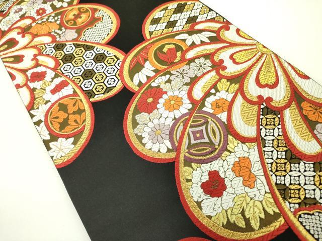 平和屋着物●六通柄袋帯 唐織 吉祥花文 黒地 金銀糸 正絹 逸品 DABB7682op