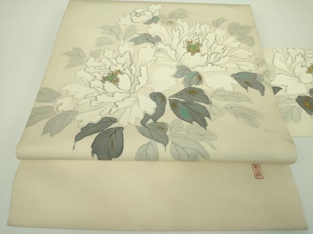 平和屋着物●塩瀬 九寸名古屋帯 作家物 手描き 牡丹 金彩 正絹 逸品 DABB7695op