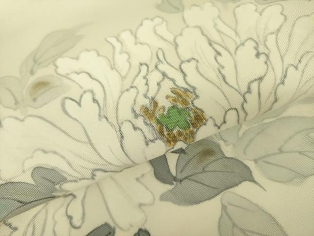 平和屋着物●塩瀬 九寸名古屋帯 作家物 手描き 牡丹 金彩 正絹 逸品 DABB7695op