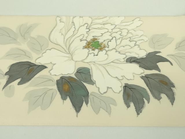 平和屋着物●塩瀬 九寸名古屋帯 作家物 手描き 牡丹 金彩 正絹 逸品 DABB7695op