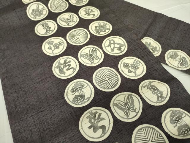 平和屋着物●九寸名古屋帯 ぜんまい紬 型染 花蝶丸文 正絹 逸品 DABB7768op