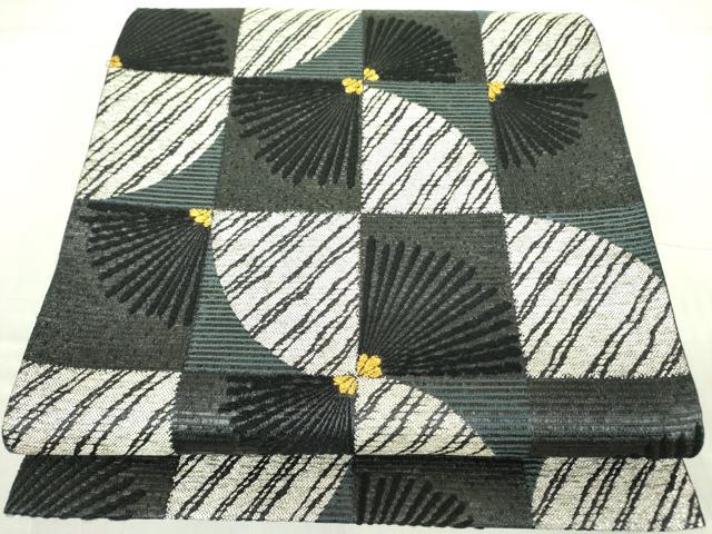 平和屋着物●六通柄袋帯 黒と銀 松葉文 金銀糸 正絹 逸品 DABB7813op