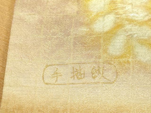 平和屋着物●太鼓柄袋帯 作家物 絞り 手抽紋 辻が花 金通し地 正絹 逸品 DABB7817op