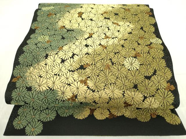 平和屋着物●内山晴祥 手描き 全通柄袋帯 唐織 菊花暦 吉祥 黒地 金糸 長尺 反端付き 正絹 逸品 未使用 DABB7819op