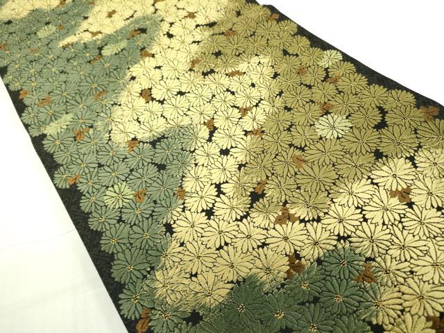平和屋着物●内山晴祥 手描き 全通柄袋帯 唐織 菊花暦 吉祥 黒地 金糸 長尺 反端付き 正絹 逸品 未使用 DABB7819op
