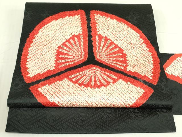 平和屋着物▼九寸名古屋帯 絞り 扇面文 黒地 正絹 逸品 DABB7848op