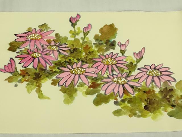 平和屋着物▼塩瀬 九寸名古屋帯 手描き 草花 金彩 正絹 逸品 DABB7859op