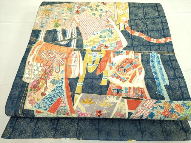 平和屋着物●太鼓柄袋帯 作家物 刺繍 誰が袖花文 金彩 金通し地 正絹 逸品 未使用 DABB7875op