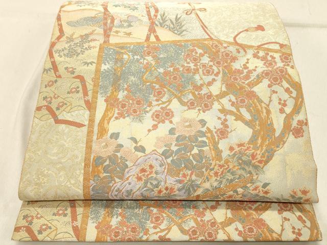 平和屋着物◎山喜織物謹製 萬葉 紹巴 全通柄袋帯 枝梅文 正絹 逸品 DABB9084ya