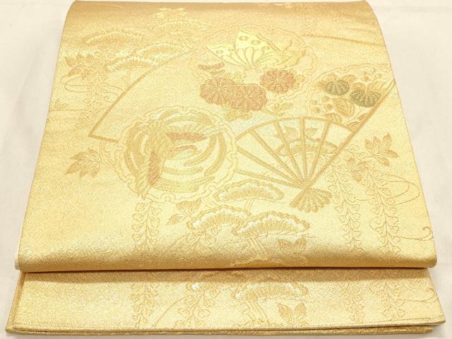 平和屋着物◎六通柄袋帯 扇面花鳥文 金糸 正絹 逸品 DABB9112ya
