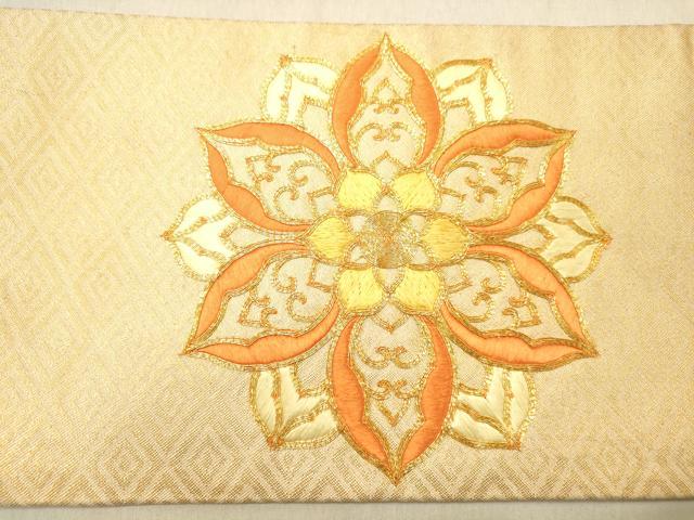 平和屋着物◎九寸名古屋帯 駒刺繍 更紗花文 正絹 逸品 DABB9283ya