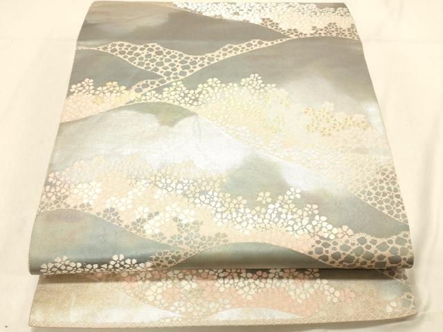 平和屋着物＊夏物　六通柄　京袋帯　抽象文様　銀糸　正絹　逸品　DABA0023cm 平和屋着物＊夏物 六通柄 本袋帯 唐織 草葉文 銀糸 正絹 逸品