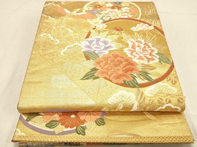 平和屋着物●六通柄袋帯　市松花丸文　金銀糸　やまと誂製　正絹　逸品　DABA1737ps 平和屋着物◎六通柄袋帯 風景文 純銀乃彩 王朝錦 金銀糸 正絹 逸品