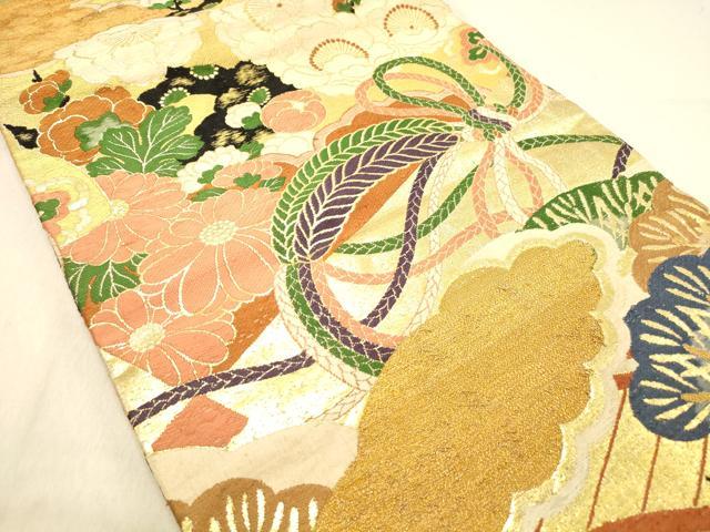 平和屋着物◎アンティーク 大正ロマン 丸帯 渡橋扇面花松文 金銀糸 正絹 逸品 DABB9360ya