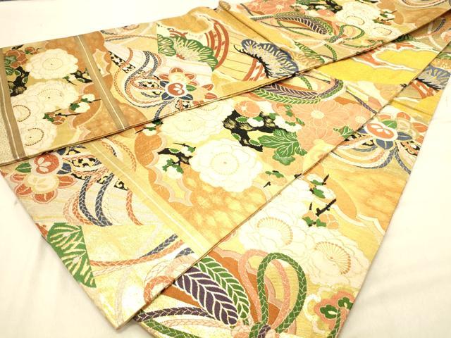 平和屋着物◎アンティーク 大正ロマン 丸帯 渡橋扇面花松文 金銀糸 正絹 逸品 DABB9360ya