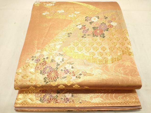 平和屋着物◎六通柄袋帯 雲取り吉祥花文 金糸 正絹 逸品 DABB9452ya
