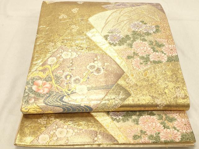 平和屋着物◎六通柄袋帯 色紙花文 金糸 正絹 逸品 DABB9501ya