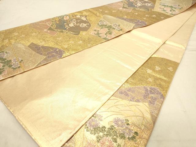 平和屋着物◎六通柄袋帯 色紙花文 金糸 正絹 逸品 DABB9501ya