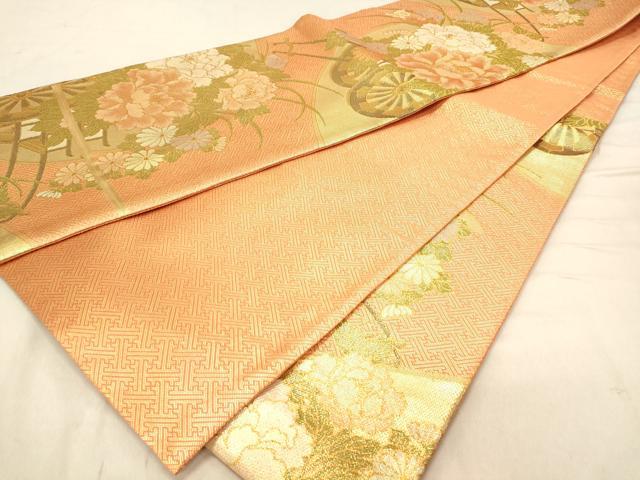 平和屋着物◎佐賀錦 六通柄袋帯 花車文 牡丹 金糸 正絹 逸品 DABB9505ya