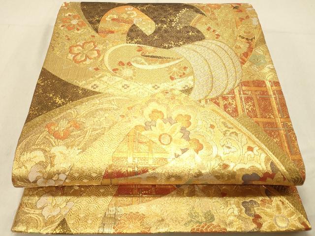 平和屋着物◎佐賀錦 六通柄袋帯 束ね熨斗花文 金糸 正絹 逸品 DABB9513ya