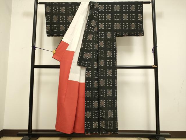 平和屋着物■上質なお召 幾何学文様 黒地 正絹 逸品 DABB9972du