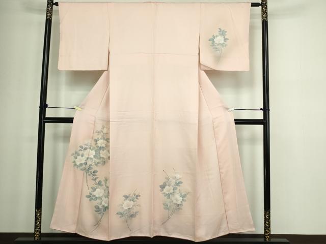 平和屋着物▽訪問着　単衣　紬地　手描き　枝花文　正絹　逸品　AABA7545fy 平和屋着物▽訪問着 単衣 紬地 型染め 藤花房 正絹 逸品 AAAW1370fy